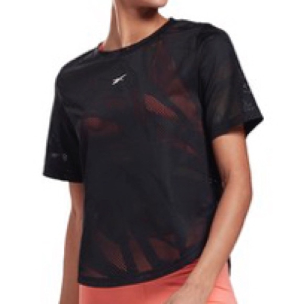 Reebok Cool Black Perforated Sheer Mesh Crew Neck curved hem T-Shirt, Small NWT